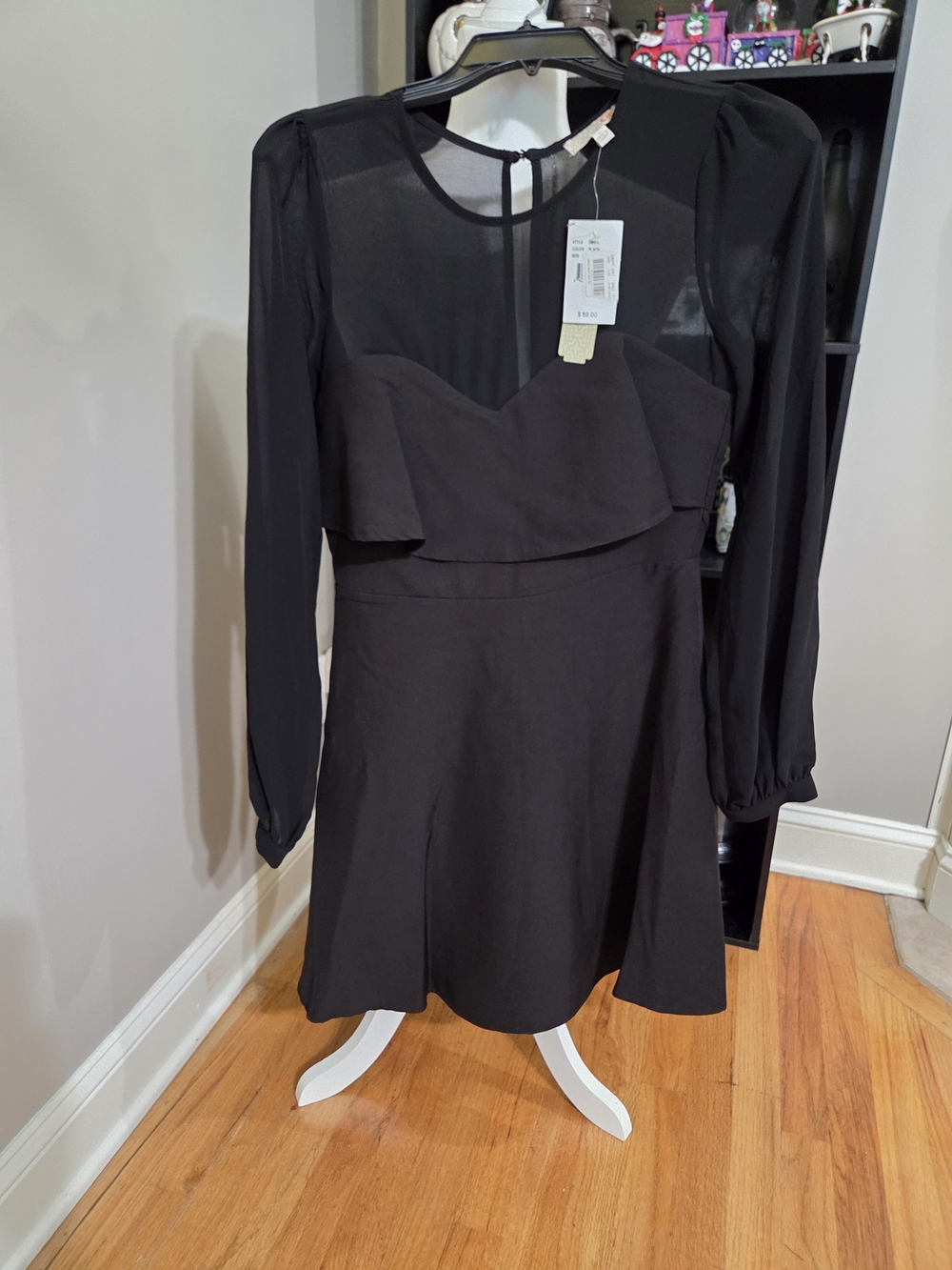 GB girls Black Long-Sleeve Sheer Yoke Fit-and-Flare Dress